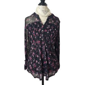 Womens Black Sheer Blouse XL 1/2 Button-Down Flower Print Long Sleeve Roll  Tab